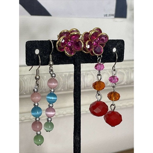 Bead Dangle Earrings Red Pink Orange Blue Cat Eye Stone Cluster Flower Pierced - Picture 3 of 7